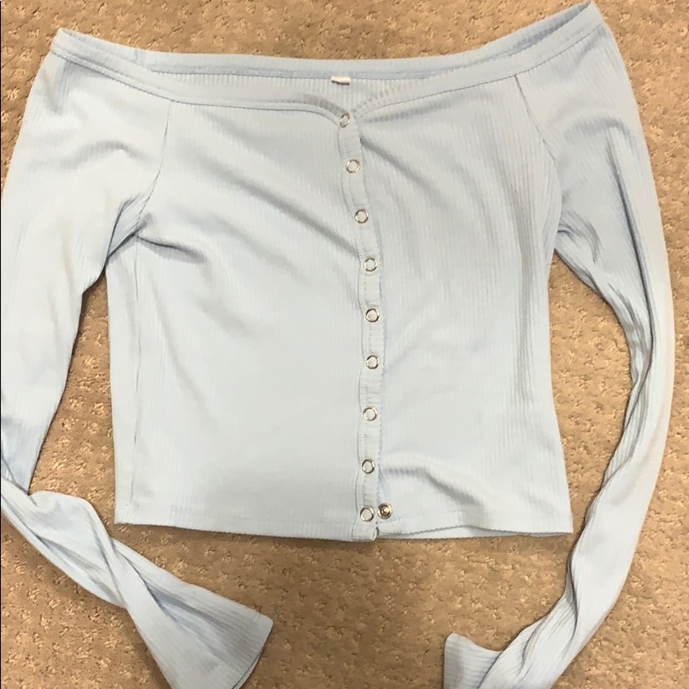 Light blue button up off shoulder top